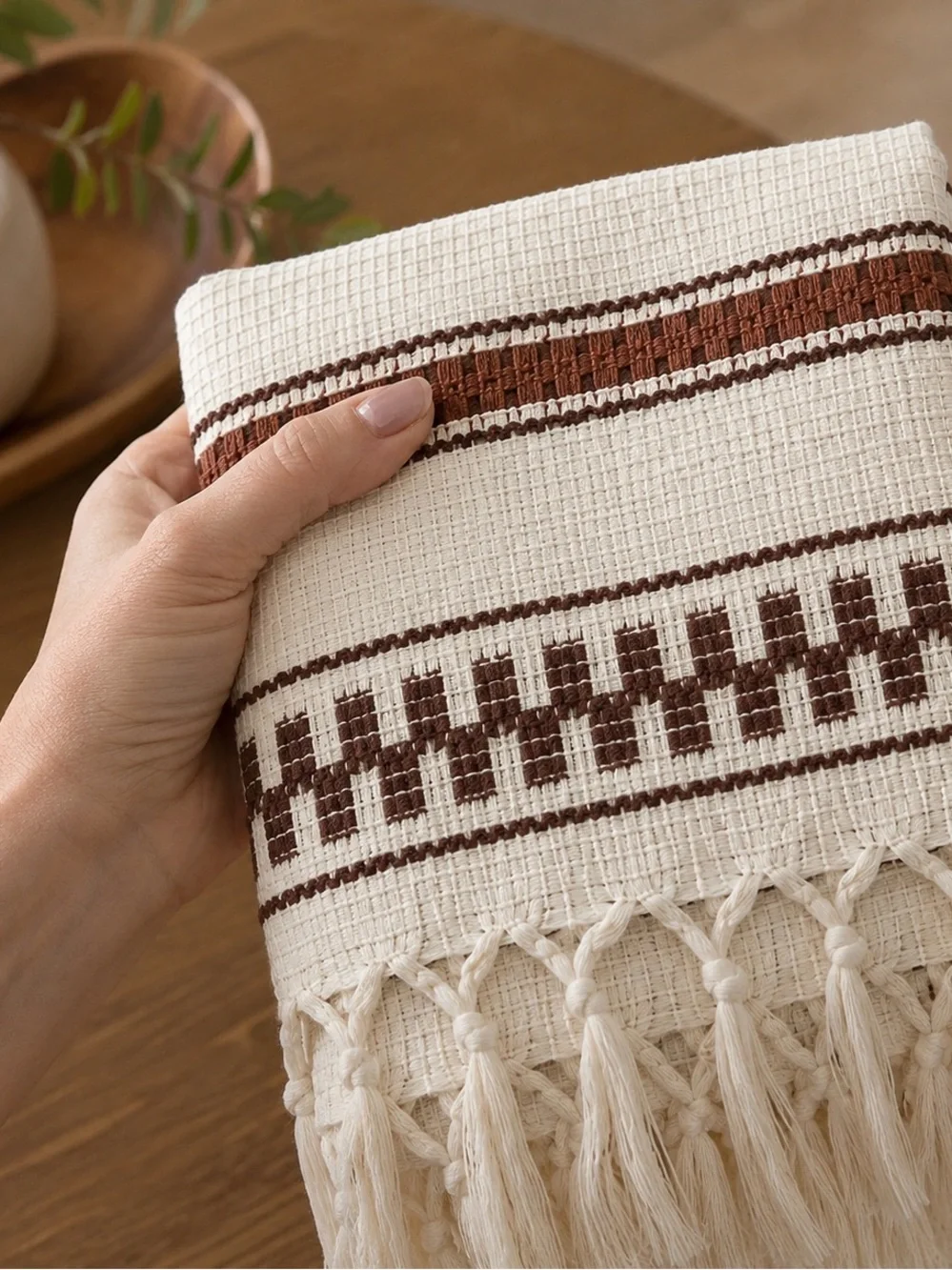 Boho Stripe Woven Table Runner in Cream and Brown - Baccessor